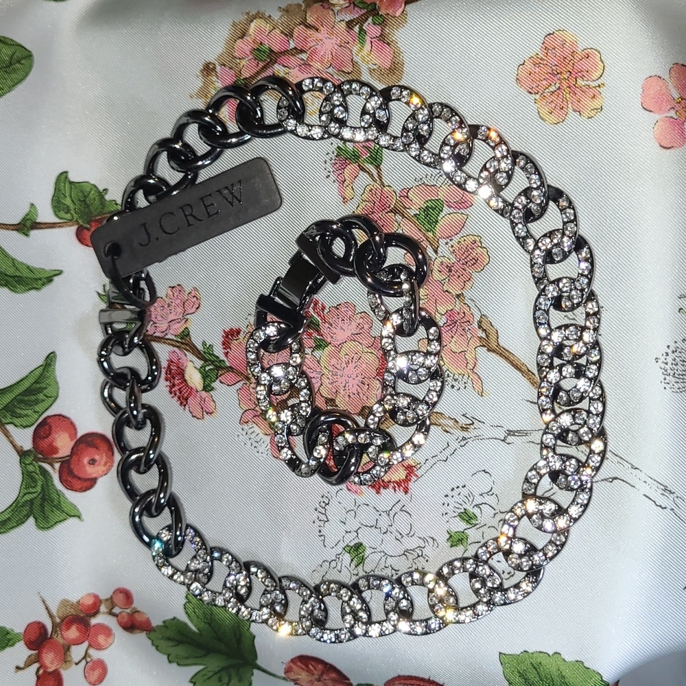 JCREW Pave on Black Metal Necklace NWT & Matching Bracelet NWOT - Picture 2 of 10